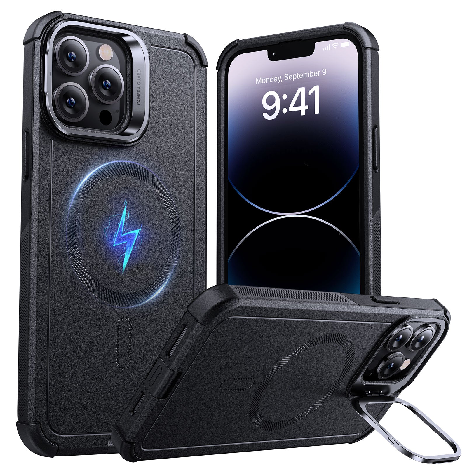 iPhone 14 Pro Max Cyber Tough Magnetic Case (Stash Stand) - Black