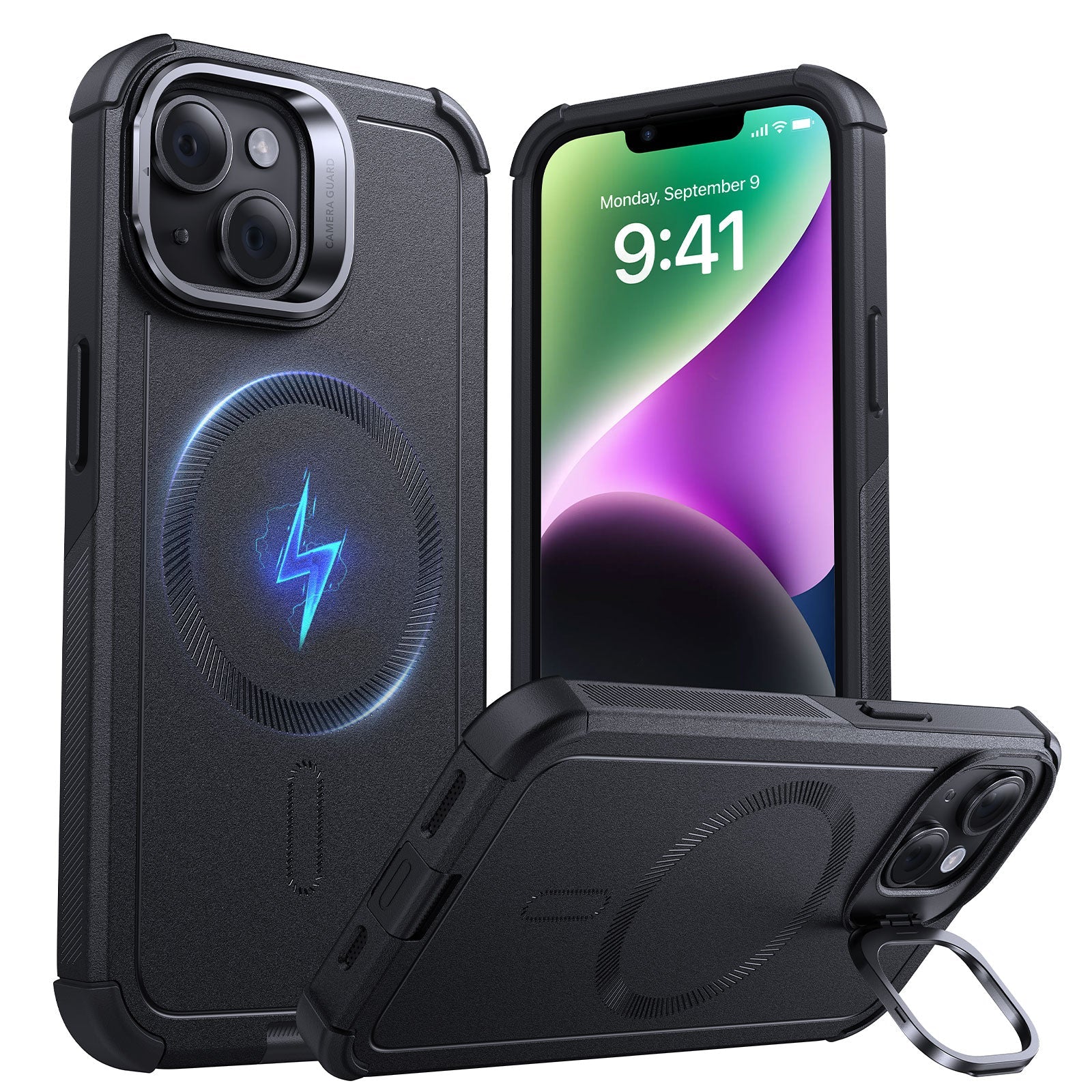 iPhone 14/13 Cyber Tough Magnetic Case (Stash Stand) - Black