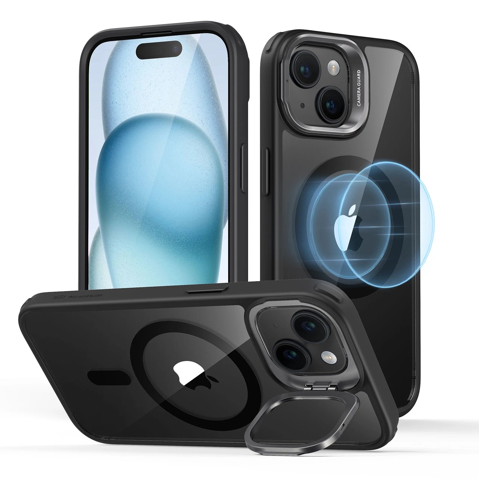 iPhone 15 Plus Classic Hybrid Case with Stash Stand (HaloLock) - Clear Black