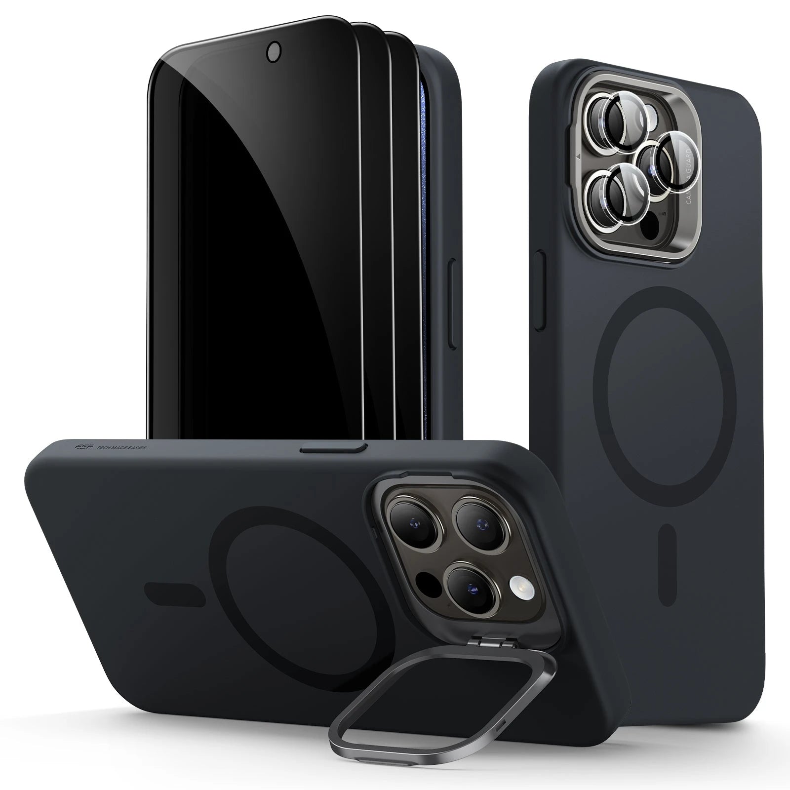iPhone 15 Pro Cloud Soft Case with Stash Stand Privacy Bundle - Black