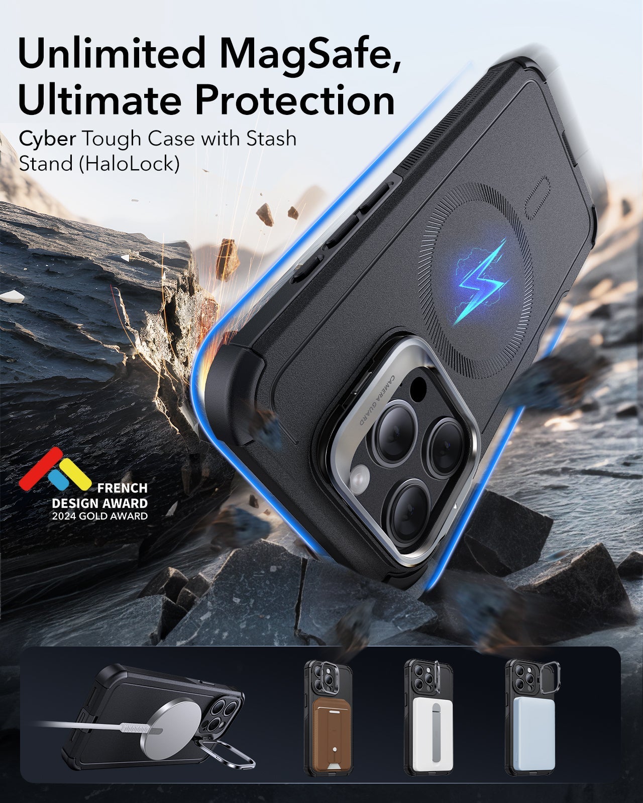 iPhone 15 Pro Cyber Tough Case with Stash Stand (HaloLock) - Black