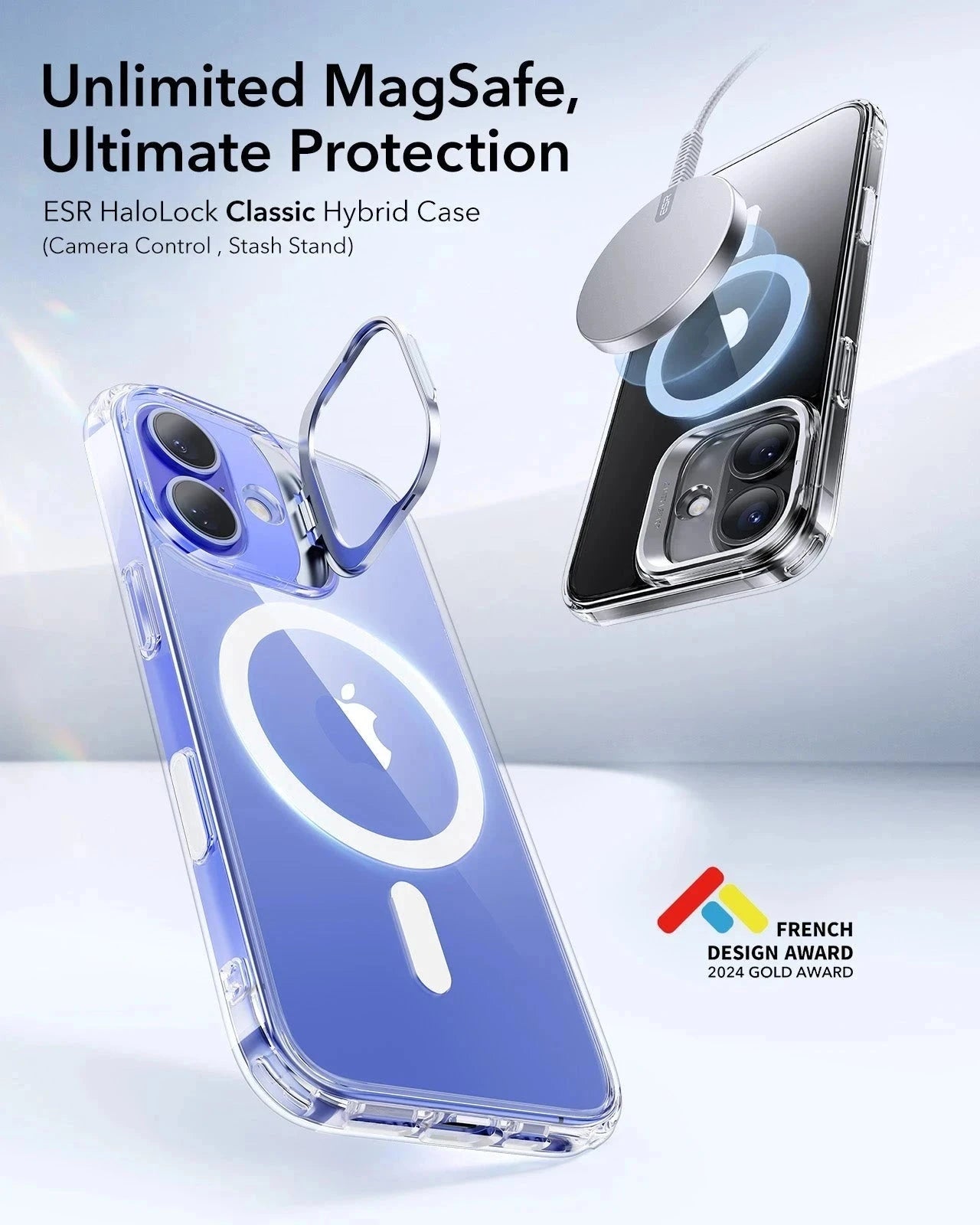 iPhone 16 Plus HaloLock Classic Hybrid Case (Camera Control, Stash Stand) - Clear Black