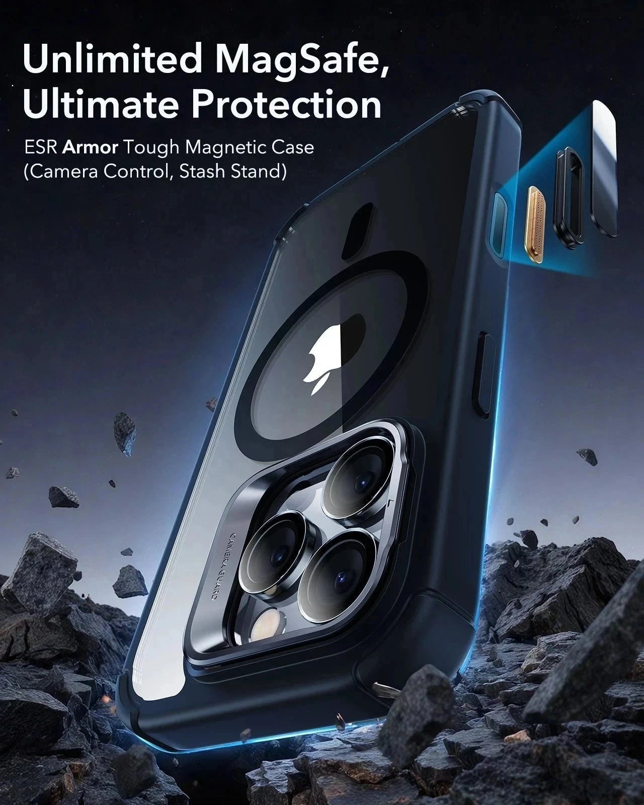 iPhone 16 Pro Armor Tough Magnetic Case (Camera Control, Stash Stand) - Clear Black