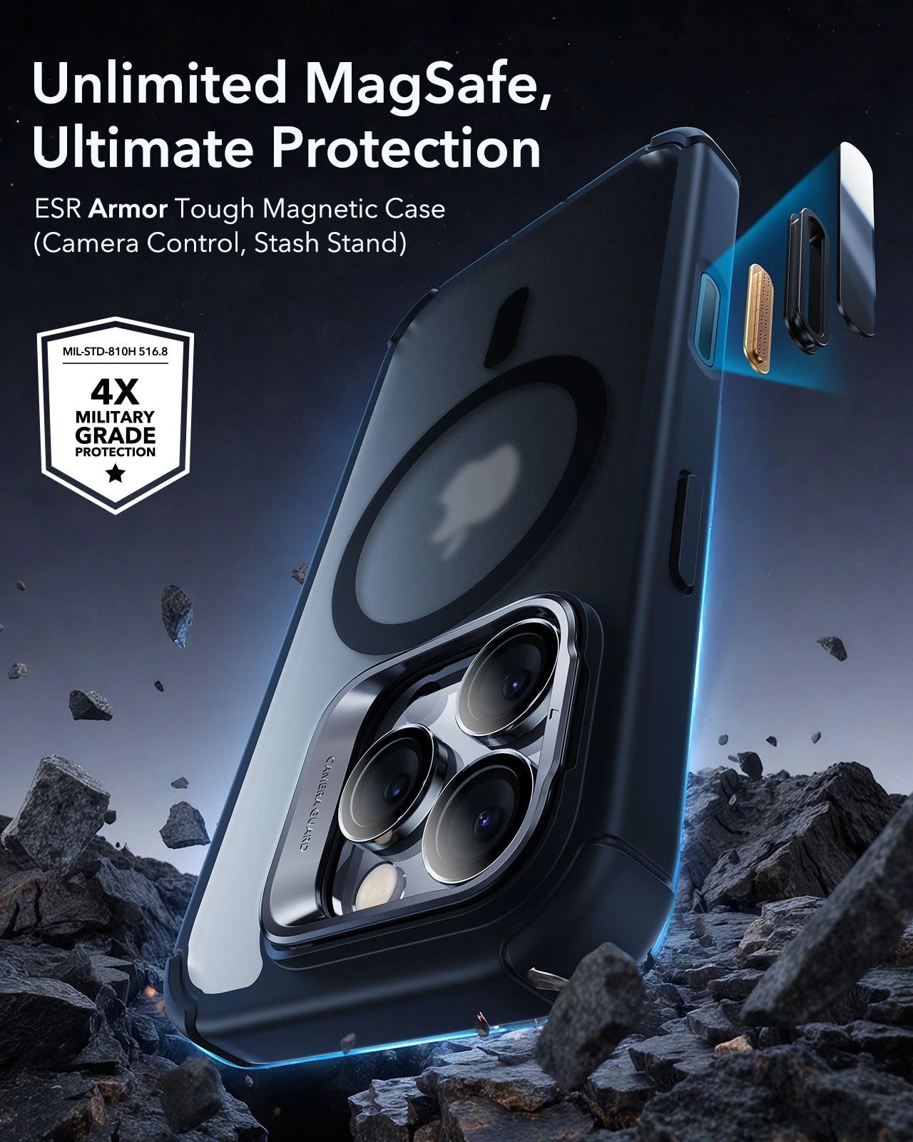 iPhone 16 Pro Armor Tough Magnetic Case (Camera Control, Stash Stand) - Frosted Black