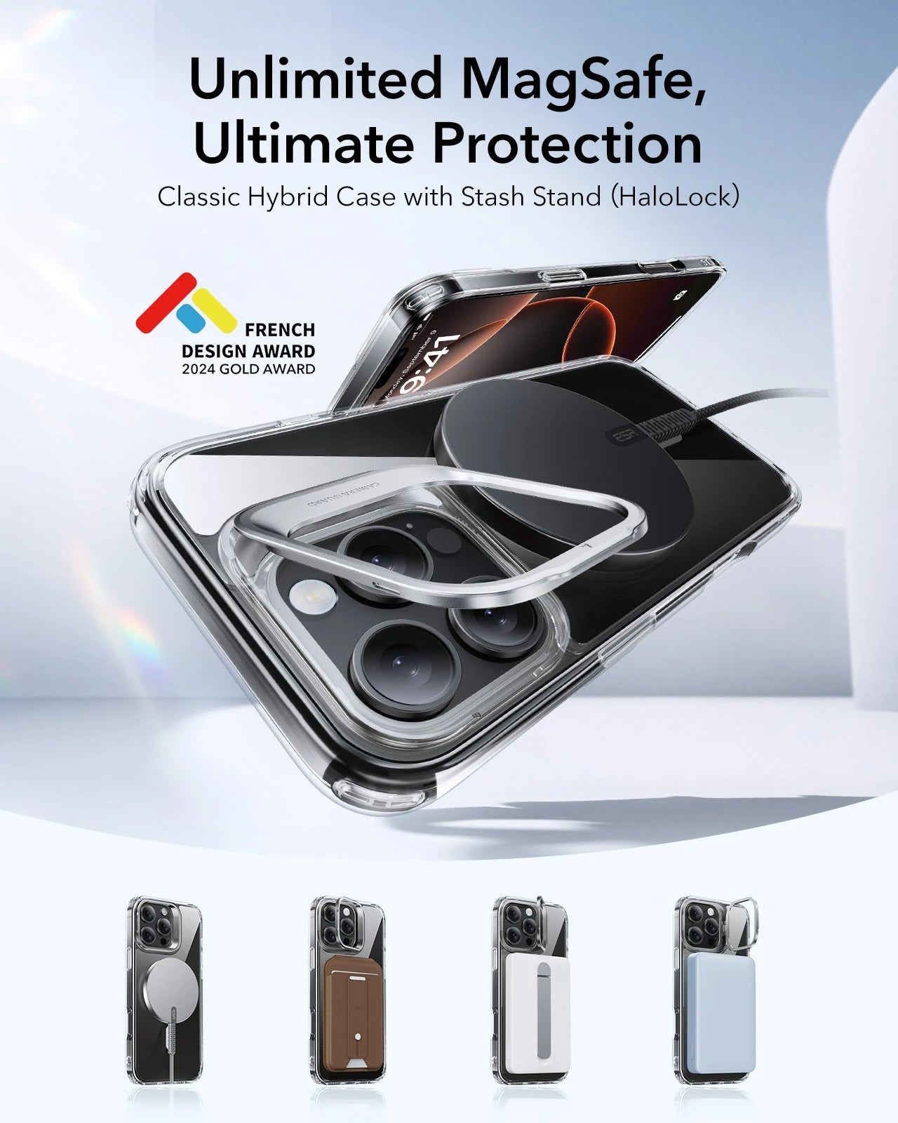 iPhone 16 Pro Classic Hybrid Case with Stash Stand (HaloLock) - Clear Black