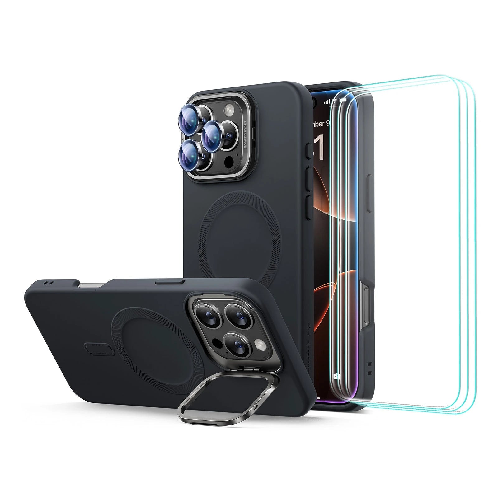 iPhone 16 Pro Cloud Soft Case with Stash Stand Protection Bundle - Black