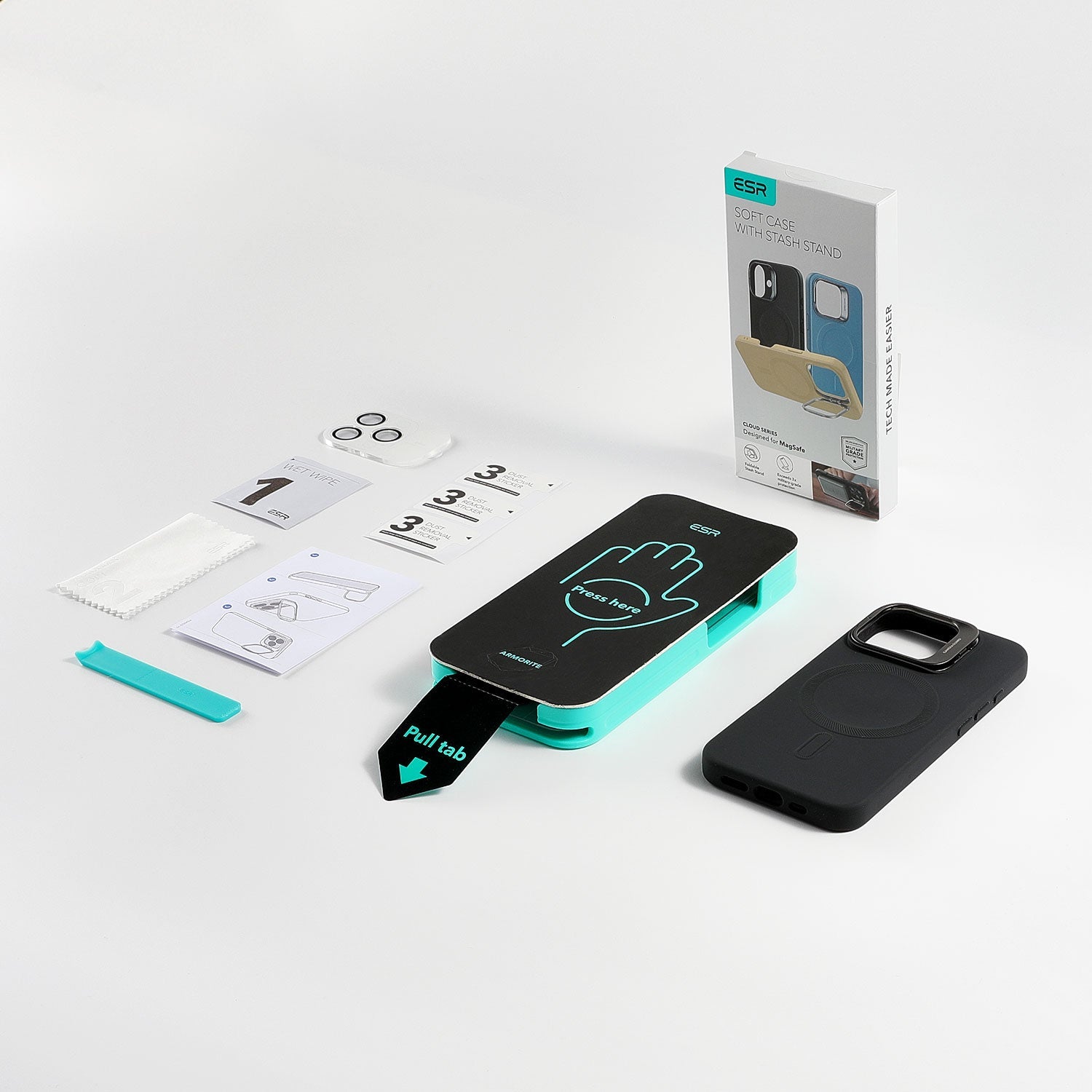 iPhone 16 Pro Cloud Soft Case with Stash Stand Protection Bundle - Black