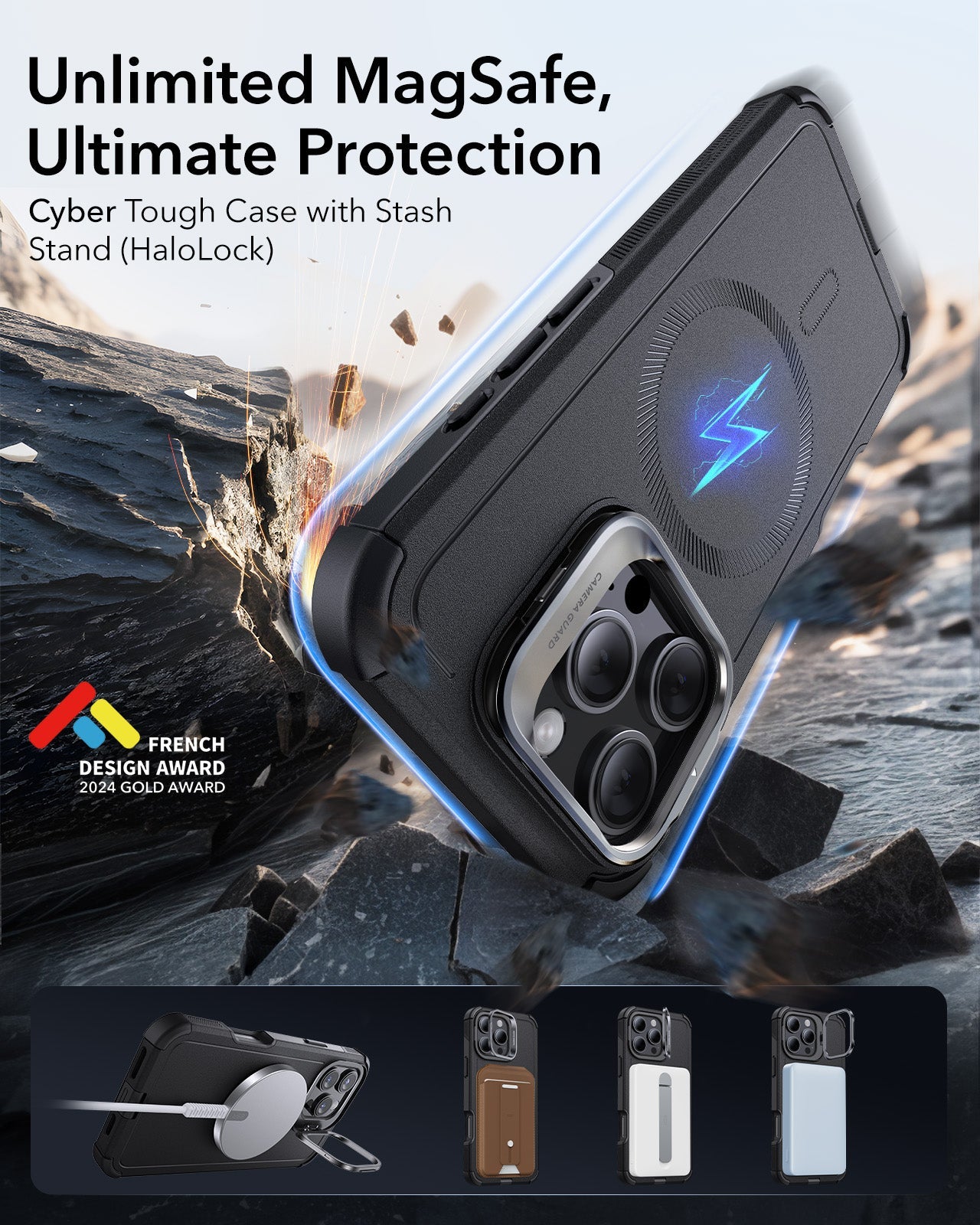iPhone 16 Pro Cyber Tough Case with Stash Stand Protection Bundle - Black