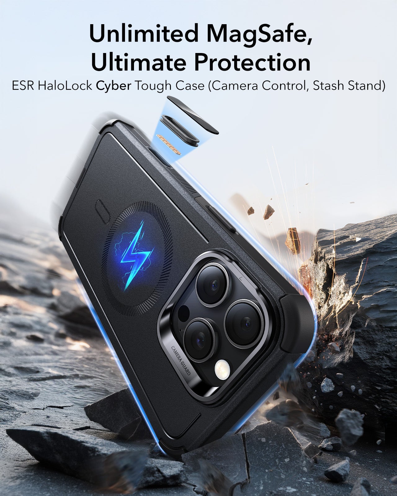 iPhone 16 Pro Cyber Tough Magnetic Case (Camera Control, Stash Stand) - Black