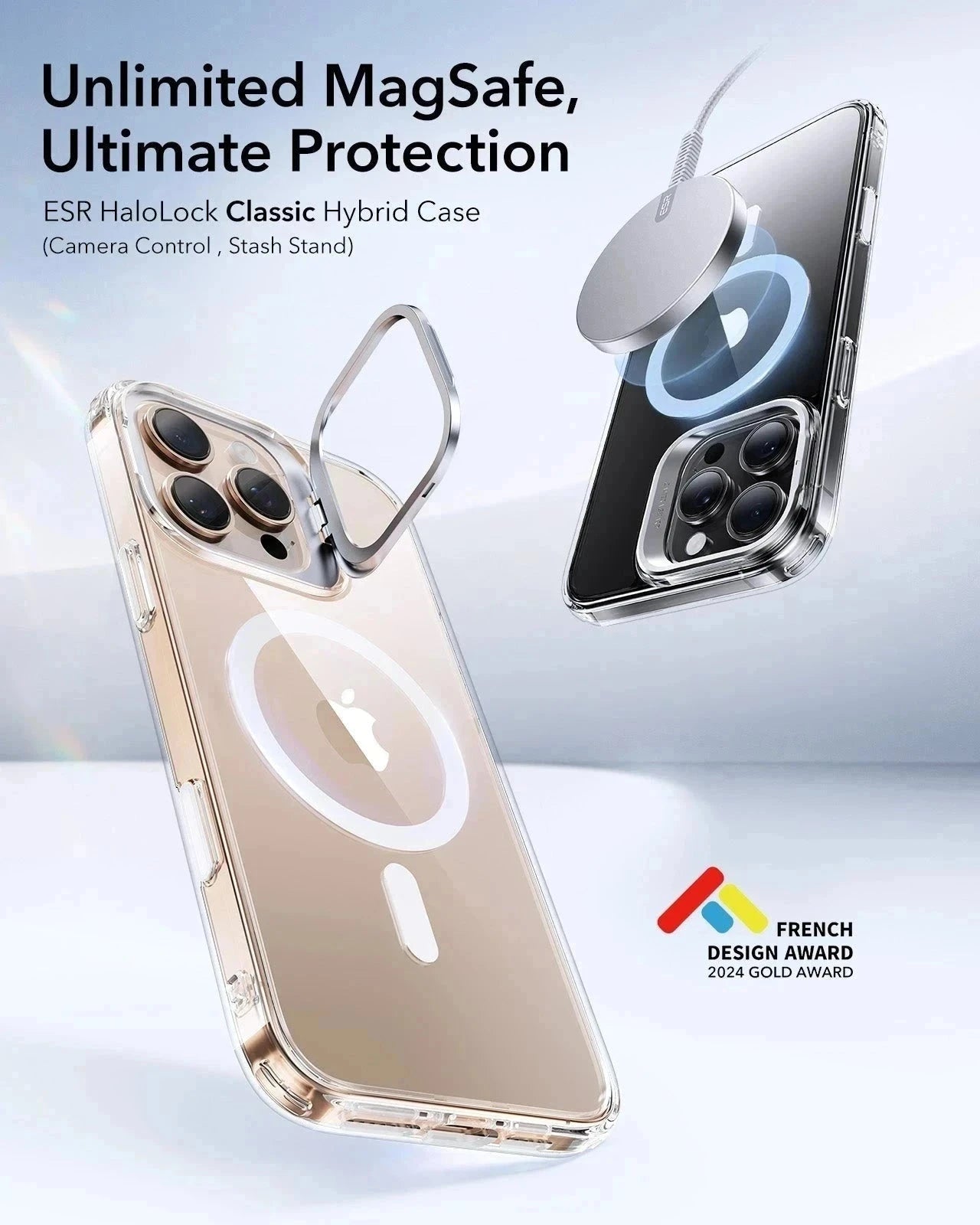iPhone 16 Pro HaloLock Classic Hybrid Case (Camera Control, Stash Stand) - Clear Black