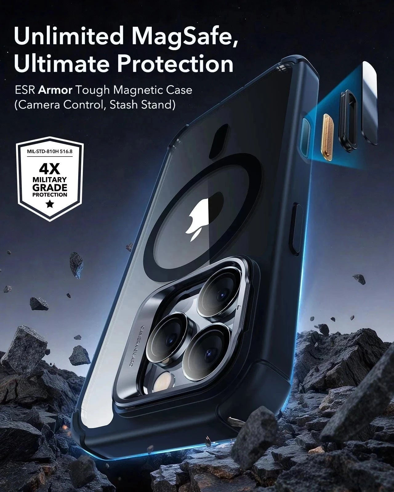 iPhone 16 Pro Max Armor Tough Magnetic Case (Camera Control, Stash Stand) - Clear Black