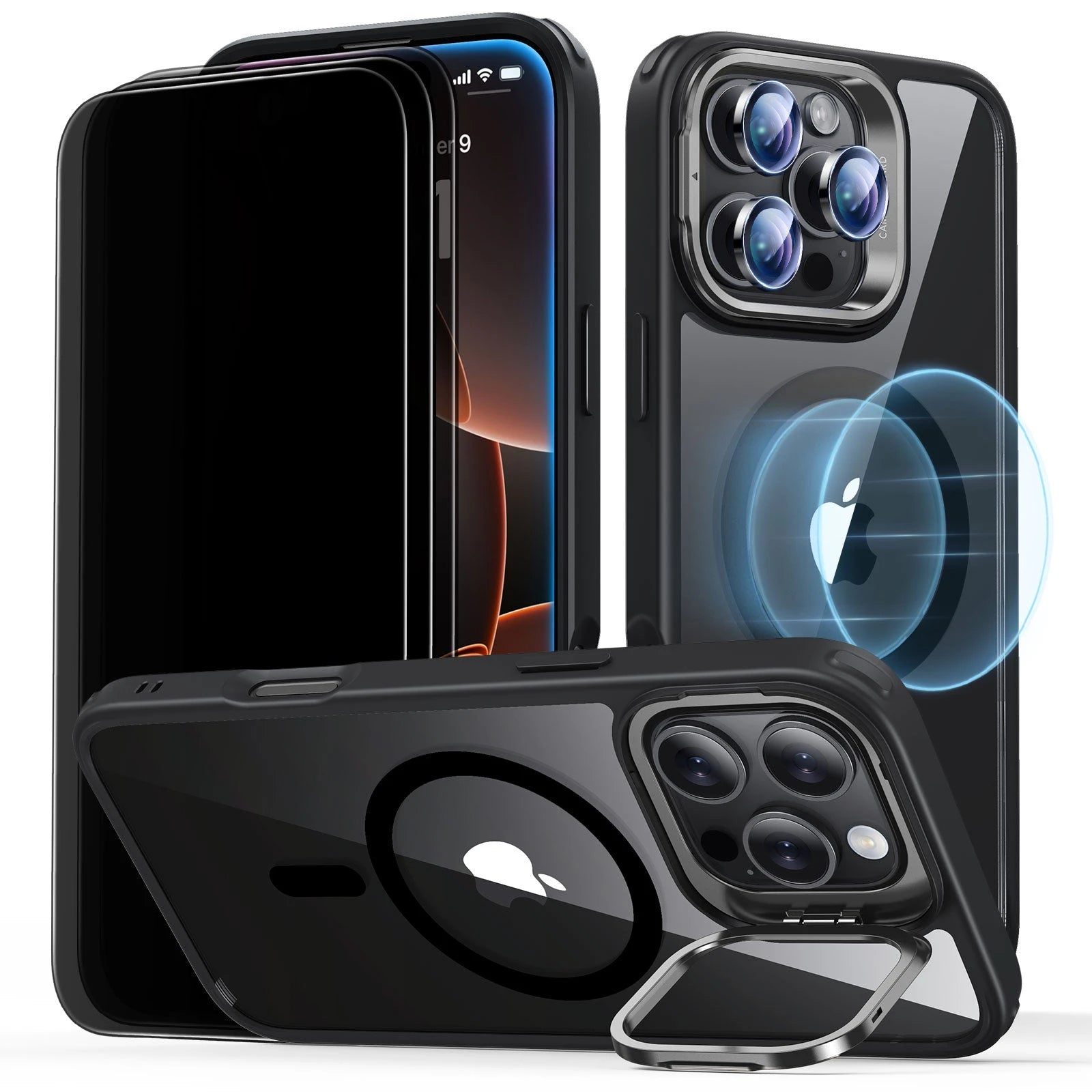 iPhone 16 Pro Max Classic Hybrid Case with Stash Stand Privacy Protection Bundle - Clear Black