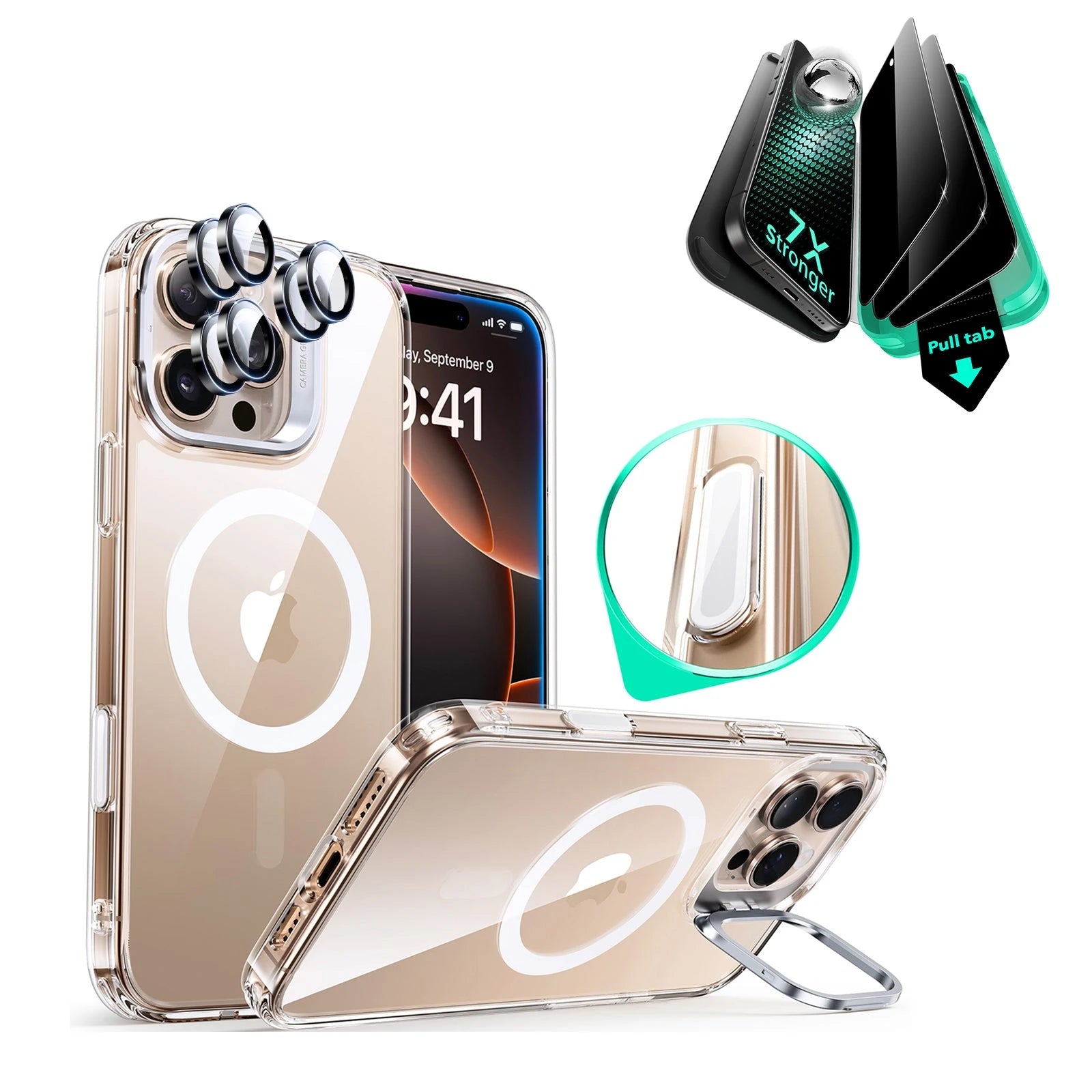 iPhone 16 Pro Max Classic Hybrid Magnetic Case (Camera Control, Stash Stand) & Privacy Screen Protector Bundle - Clear
