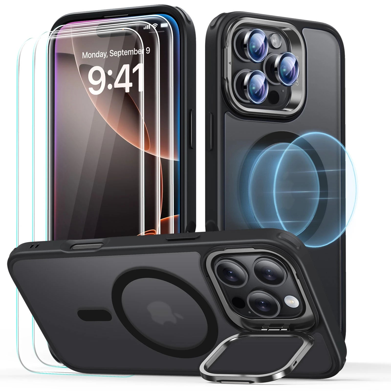 iPhone 16 Pro Max Classic Hybrid with Stash Stand Protection Bundle - Frosted Black