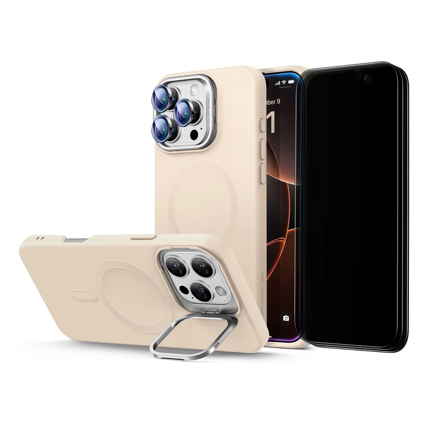 iPhone 16 Pro Max Cloud Soft Case with Stash Stand Privacy Protection Bundle - Light Tan