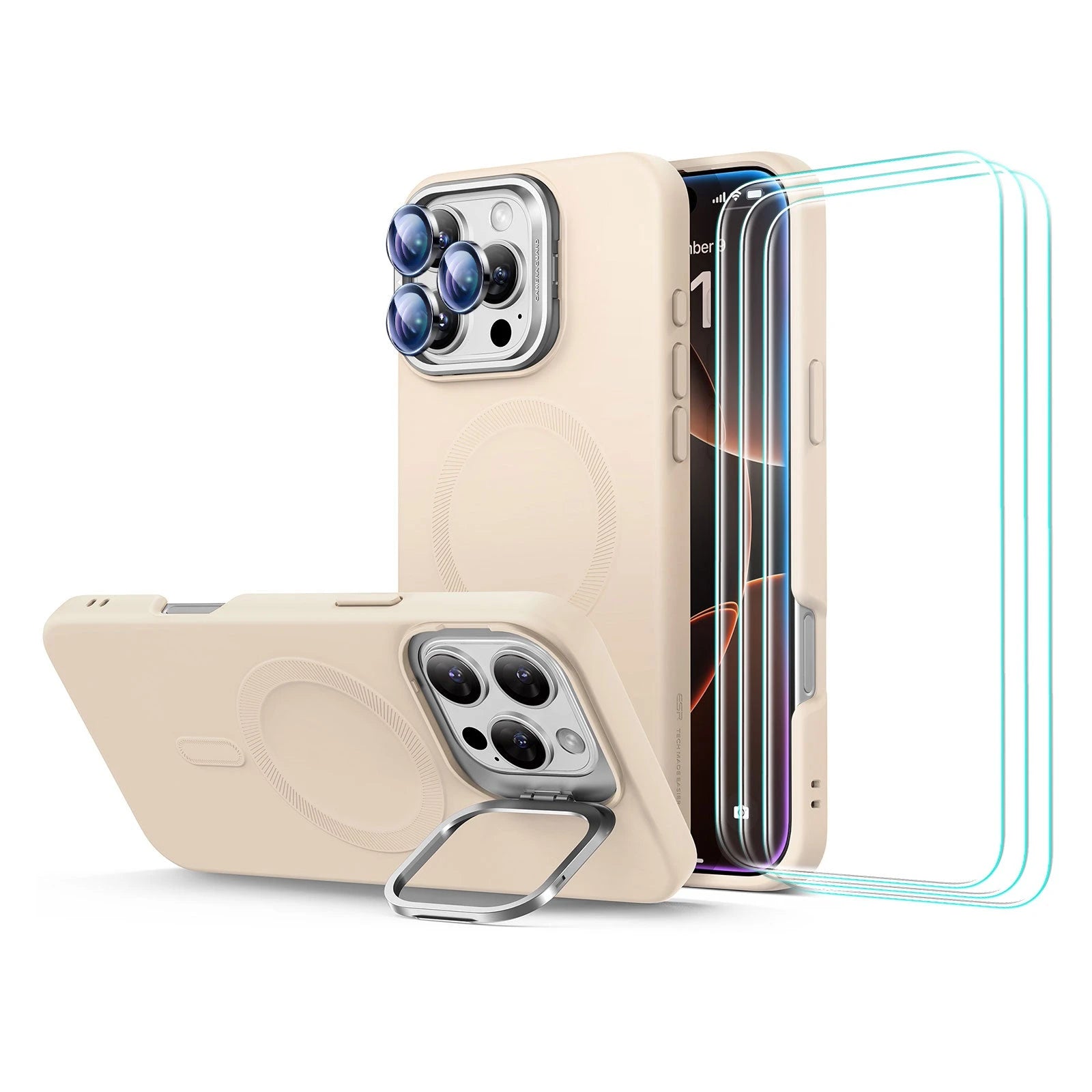 iPhone 16 Pro Max Cloud Soft Case with Stash Stand Protection Bundle - Light Tan
