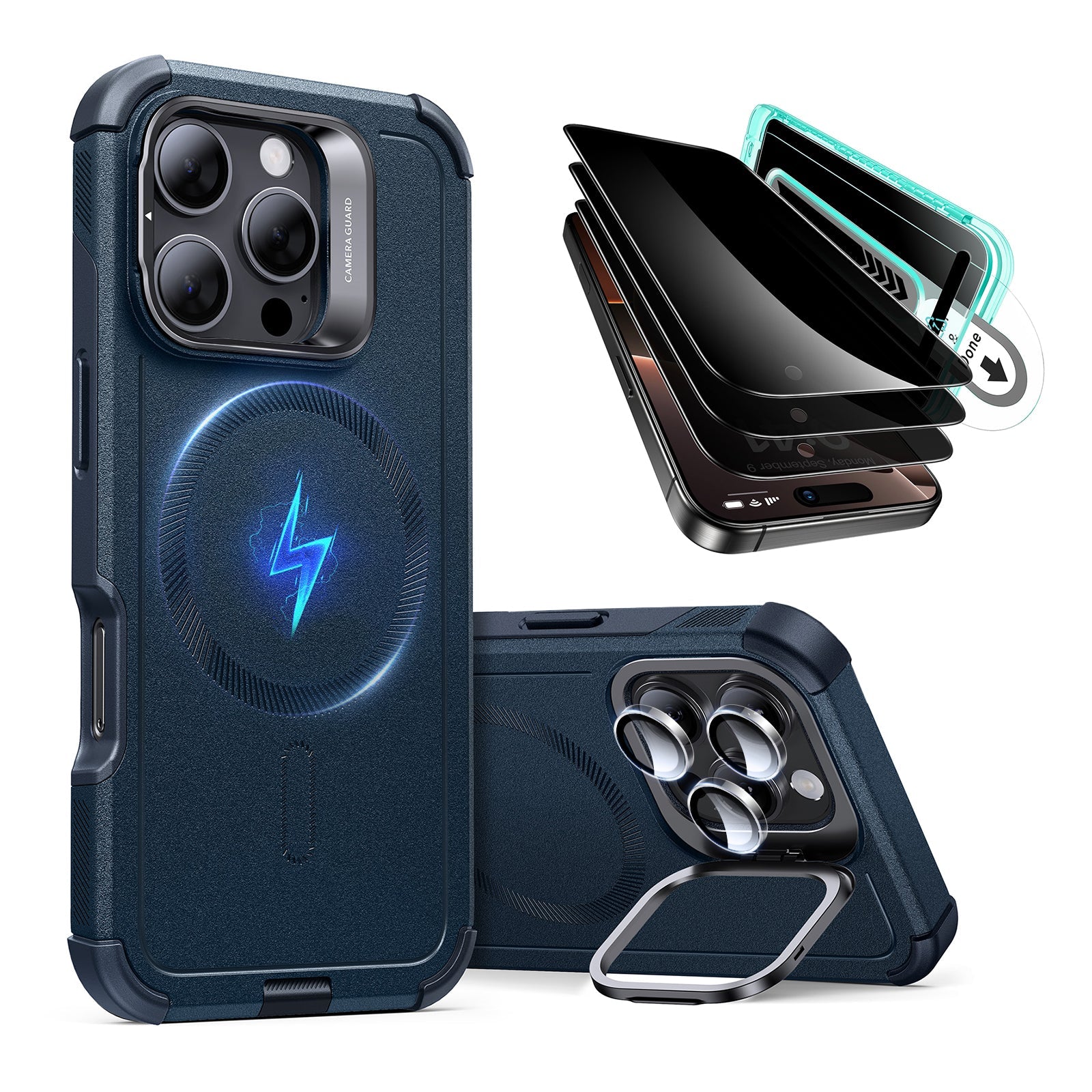 iPhone 16 Pro Max Cyber Tough Case with Stash Stand Privacy Protection Bundle - Dark Blue