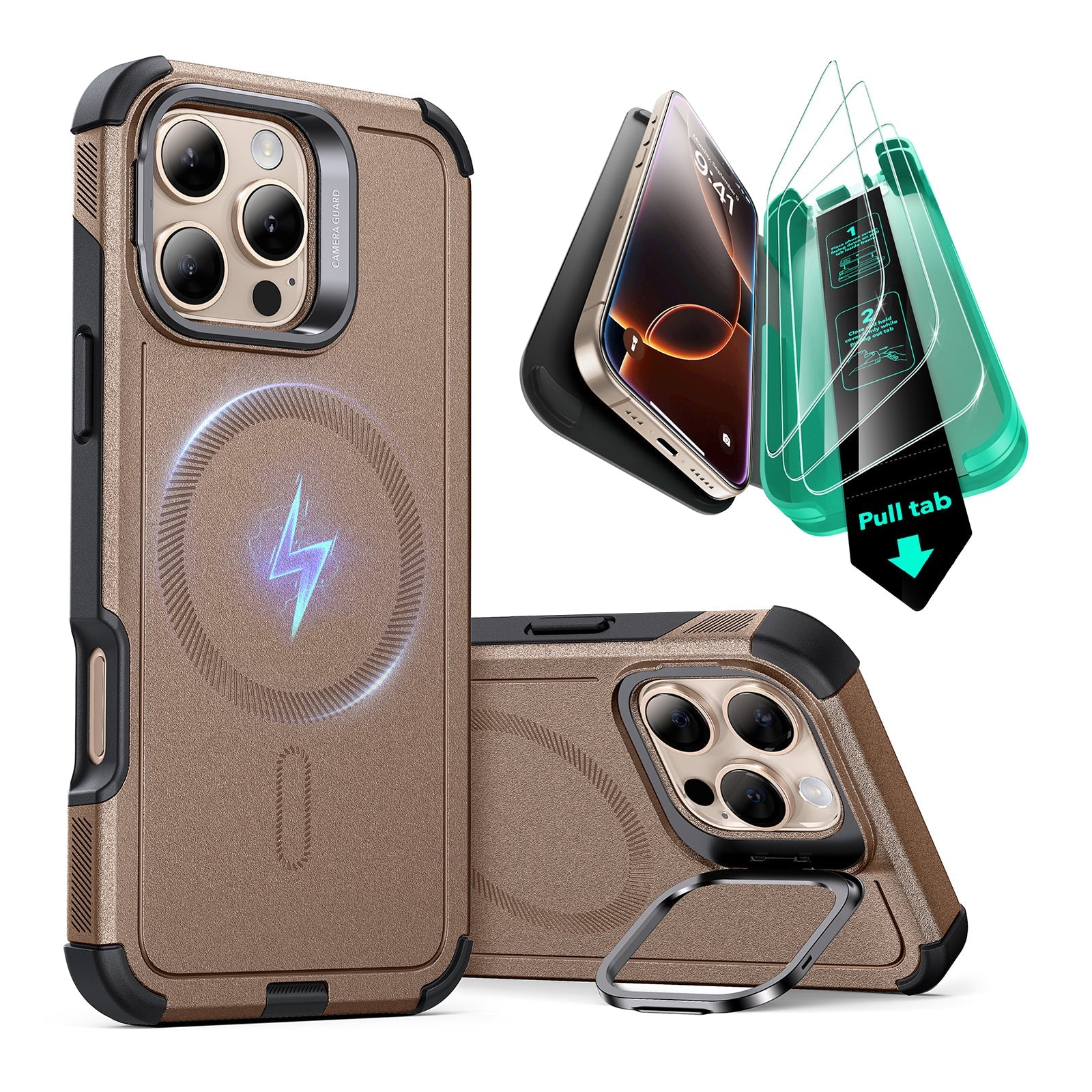 iPhone 16 Pro Max Cyber Tough Case with Stash Stand Protection Bundle - Gold