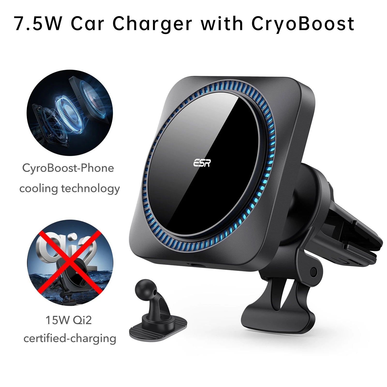 Wireless Car Charger with CryoBoost™ (HaloLock) - Wireless Charger with 36W Adapter