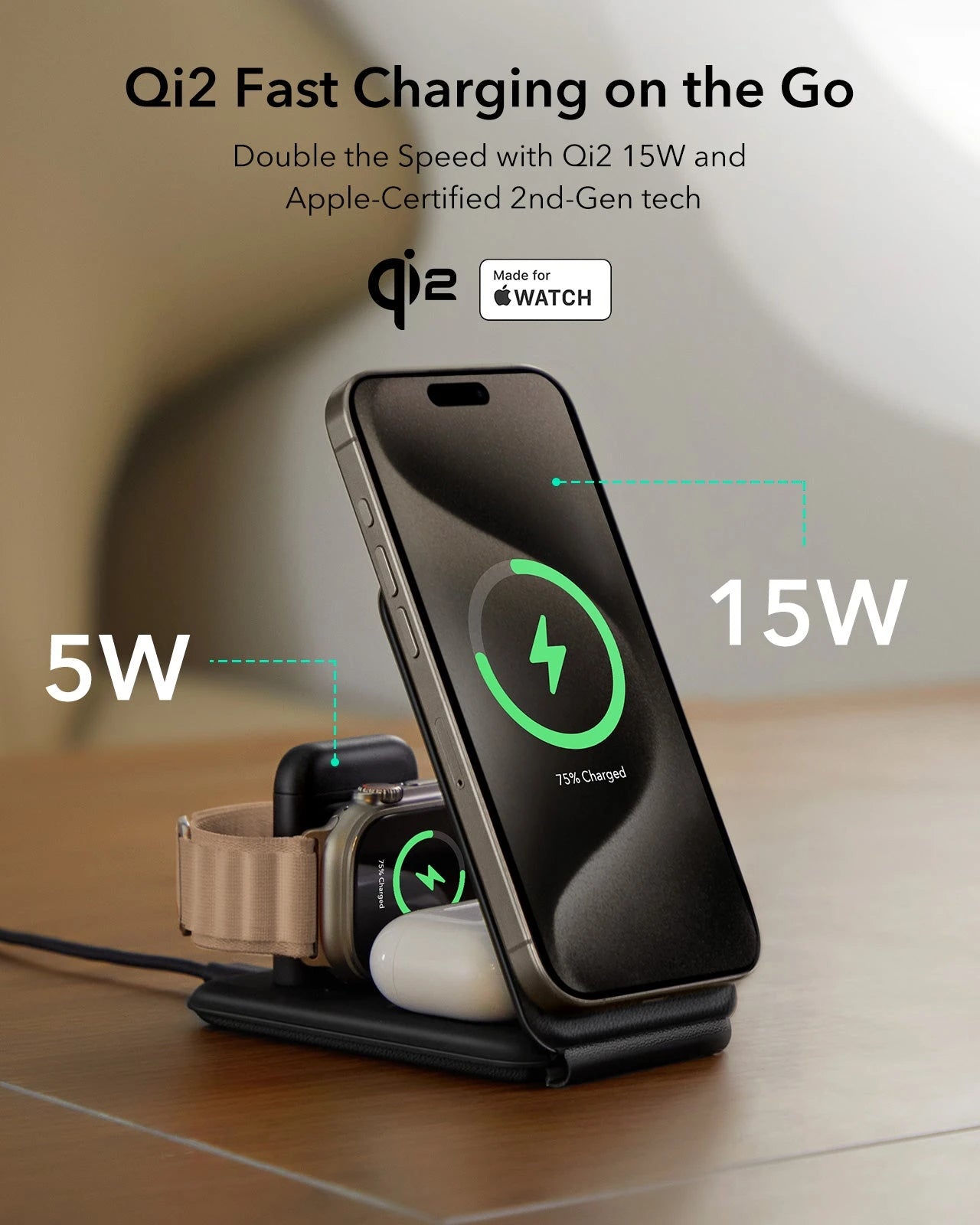 Qi2 3-in-1 Travel Wireless Charging Set - Brown - UK Plug